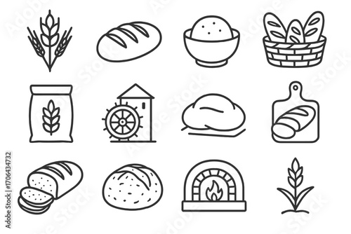 Bread and Grain Icons. Line style icons of grain and bread: wheat sheaf, fresh loaf, rising dough, bread basket; grain sack, mill