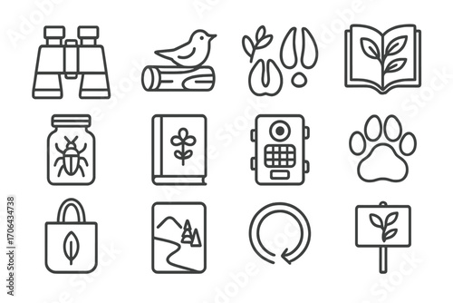Nature Observation Icons. Line style icons of wildlife and nature interaction: binoculars, bird call, animal tracks, plant guide;