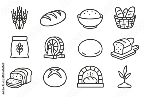 Bread and Grain Icons. Line style icons of grain and bread: wheat sheaf, fresh loaf, rising dough, bread basket; grain sack, mill
