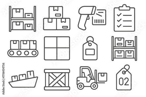 Warehouse Logistics Icons. Line style icons of warehouse logistics: storage shelves, labeled boxes, barcode scanner, inventory