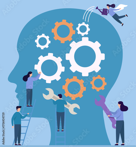Collaborative minds at work—gears of thought nurtured and tuned by teamwork, symbolizing growth, cognition, and problem-solving