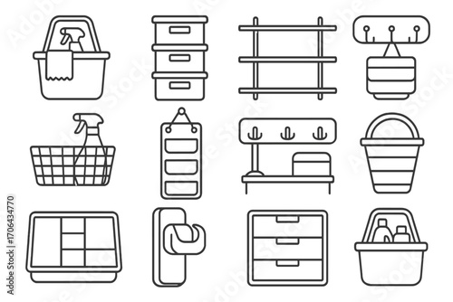 Organizing Icons Collection. Line style icons of organizing and storage: cleaning caddy, labeled bins, wall rack, under-sink shelf