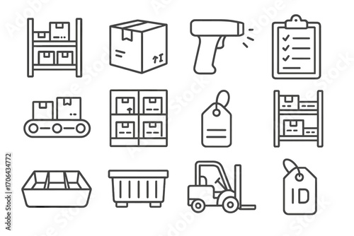Warehouse Logistics Icons. Line style icons of warehouse logistics: storage shelves, labeled boxes, barcode scanner, inventory