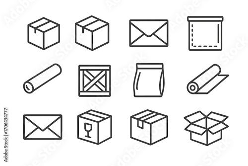 Delivery Packaging Icons. Line style icons of delivery packaging types: small box, medium parcel, flat envelope, padded mailer;