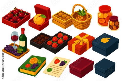 Luxury Fruit Gift Boxes. Isometric vector illustration set Luxury fruit gift box: cherry gift tray, peach velvet box, kiwi wooden