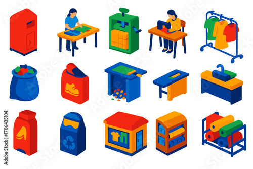 Textile Recycling Icons. Isometric vector illustration set Textile recycling: clothes donation bin, fabric sorting table, textile