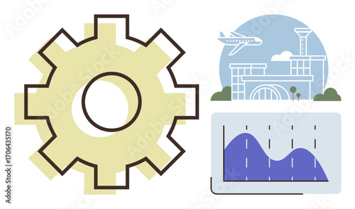 Gear signifies operations, airport reflects aviation, and graph symbolizes data analysis. Ideal for business, logistics, aviation, analytics, efficiency, innovation and process optimization themes