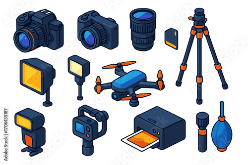 Photography Equipment Icons. Isometric vector illustration set Photography and media: DSLR camera, mirrorless camera, camera lens,