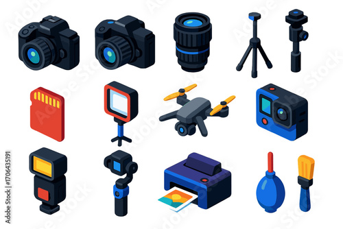 Photography Equipment Icons. Isometric vector illustration set Photography and media: DSLR camera, mirrorless camera, camera lens,