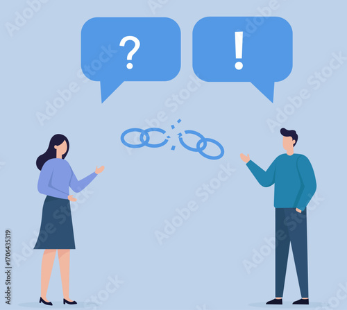 Flat vector showing a communication breakdown—confusion vs. assertiveness—symbolized by a broken chain between two speakers