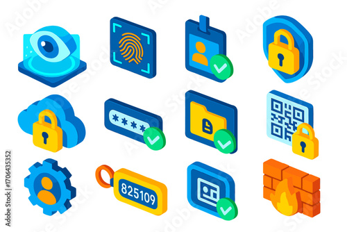 Digital Security Icons. Isometric vector illustration set digital identity and privacy: retina scan hologram, fingerprint scan pad