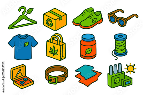 Sustainable Fashion Icons. Isometric vector illustration set sustainable fashion icons: biodegradable clothes hanger, recycled