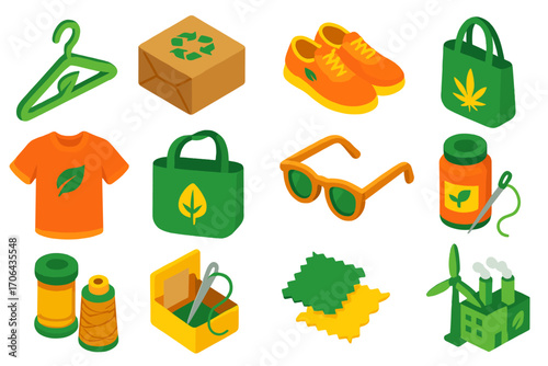 Sustainable Fashion Icons. Isometric vector illustration set sustainable fashion icons: biodegradable clothes hanger, recycled
