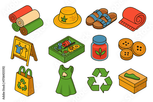 Sustainable Fashion Icons. Isometric vector illustration set sustainable fashion icons: natural fabric rolls, hemp hat, cork