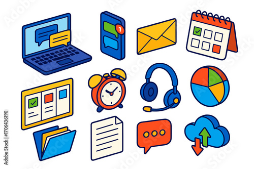 Productivity Tools Icons. Isometric vector illustration set communication and productivity: laptop with messaging app, smartphone