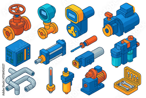 Industrial Automation Icons. Isometric vector illustration set industrial automation: gate valve, digital pressure transmitter,