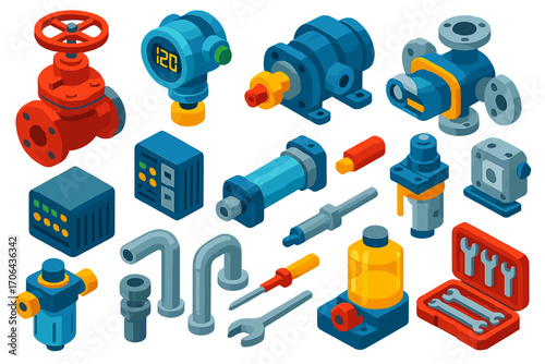 Industrial Automation Icons. Isometric vector illustration set industrial automation: gate valve, digital pressure transmitter,