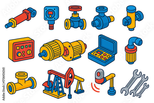 Industrial Automation Icons. Isometric vector illustration set industrial automation: hydraulic actuator, digital pressure sensor,