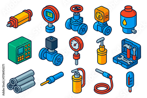 Industrial Automation Icons. Isometric vector illustration set industrial automation: pneumatic actuator, digital pressure gauge,