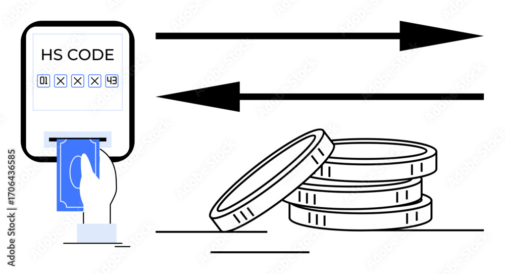Fototapeta premium Hand inserting card into HS code interface, stacked coins, and directional arrows. Ideal for trade, commerce, customs, logistics, finance payment and economy concepts. Simple flat metaphor