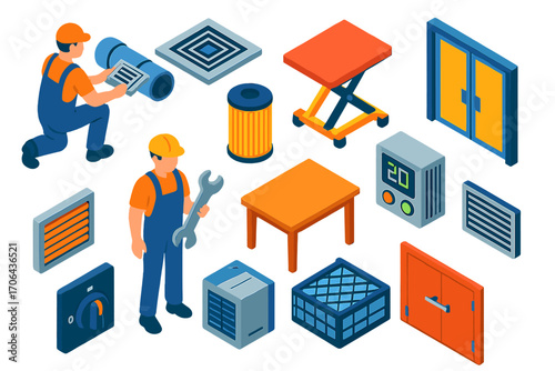 Industrial Tools Icons. Isometric vector illustration set worker, vent, table, filter, control device, and door: assembly worker,