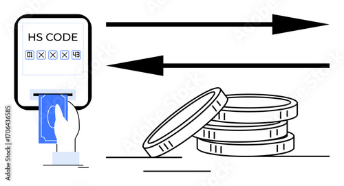 Hand inserting card into HS code interface, stacked coins, and directional arrows. Ideal for trade, commerce, customs, logistics, finance payment and economy concepts. Simple flat metaphor