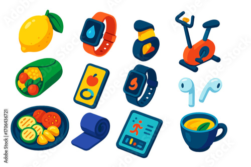 Health & Tech Icons. Isometric vector illustration set food, technology, and health themes: lemon, smartwatch hydration alert,