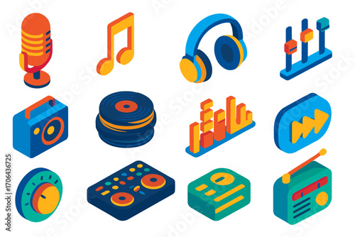 Vibrant Audio Icon Set. Isometric vector illustration set audio and music icons for digital applications and interfaces: retro mic