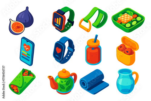 Tech and Wellness Icons. Isometric vector illustration set food, technology, and health themes: fig, smartwatch with calorie chart