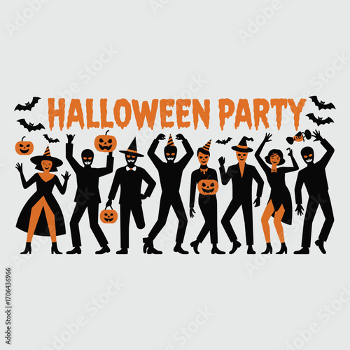 Silhouetted Halloween partygoers in costumes dancing with pumpkins and bats celebration