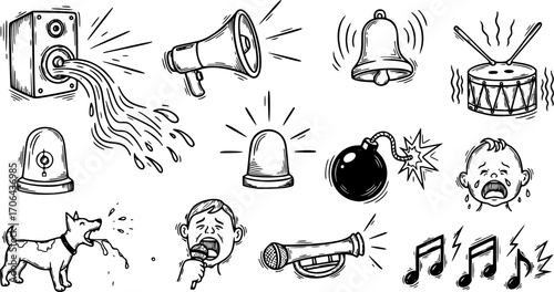 Loud Sound Doodle Vector Set – Hand-Drawn Audio and Noise Icons, Music and Sound Effects Symbols, Isolated Elements for Communication and Entertainment Designs