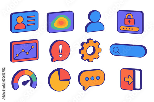 Isometric UI Elements. Isometric vector illustration set user interface elements with heatmap and profile design: user identity