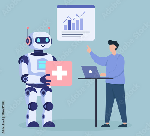 Friendly robot and human collaborate on healthcare data, blending empathy, tech, and teamwork in a modern, educational setting
