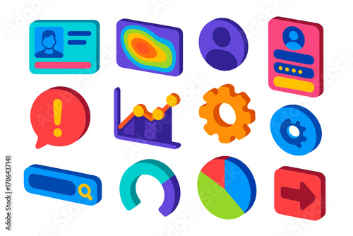 Isometric UI Elements. Isometric vector illustration set user interface elements with heatmap and profile design: user identity