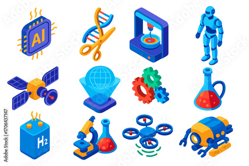 Innovative Tech Icons. Isometric vector illustration set innovative technology and science icons: artificial intelligence chip,