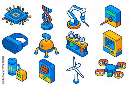 Innovative Tech Icon Set. Isometric vector illustration set innovative technology and science icons: AI neural processor, bio lab