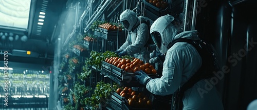 Astronauts harvesting produce in futuristic vertical farm setting