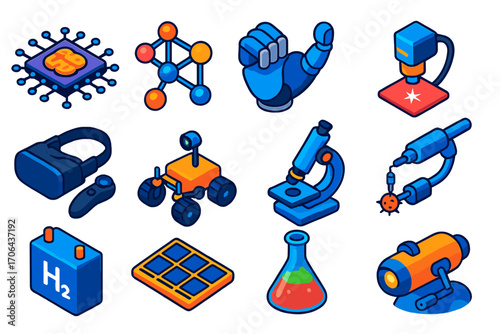 Innovative Science Icons. Isometric vector illustration set innovative technology and science icons: machine learning processor,