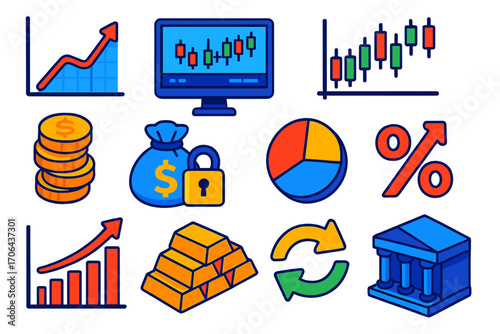 Financial Growth Icons. Isometric vector illustration set representing financial growth and trading trends in modern design:
