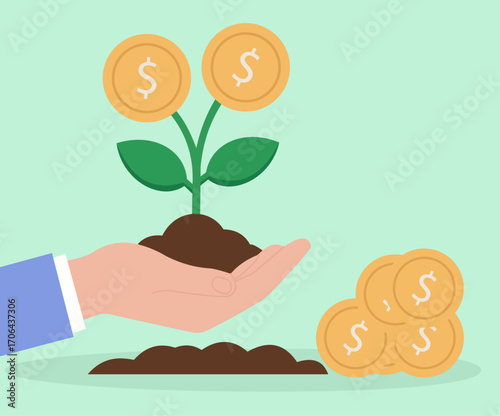 A hand nurtures a money plant from soil, symbolizing financial growth, investment returns, and prosperity through care and patience