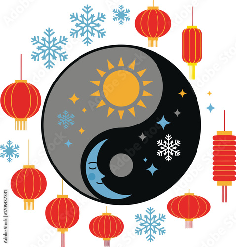 A symbolic representation of harmony and balance, featuring the Yin Yang symbol with celestial sun and moon, surrounded by traditional Chinese lanterns and winter snowflakes.