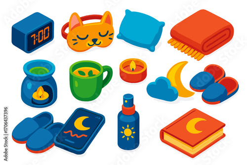 Sleep Wellness Icons. Isometric vector illustration set sleep and wellness icons featuring alarm clock and night mask: square