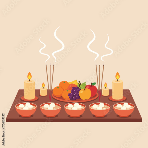 A traditional East Asian offering table with bowls of glutinous rice balls, fresh fruit, lit candles, and incense, symbolizing reverence and a spiritual ceremony.