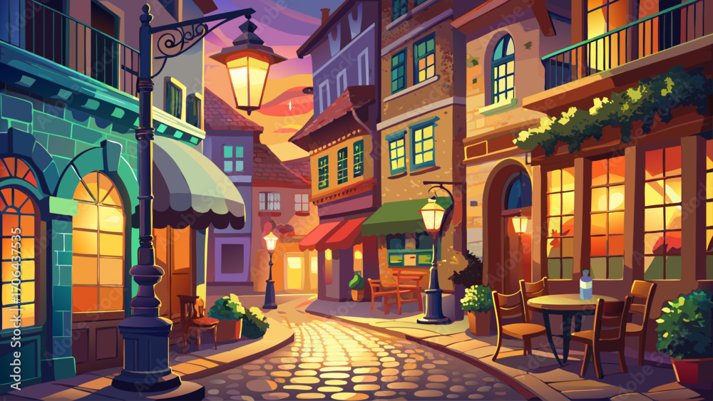 Fototapeta premium Charming cobblestone street lined with vintage lanterns and cozy cafés, warm evening glow creating a romantic, timeless atmosphere.