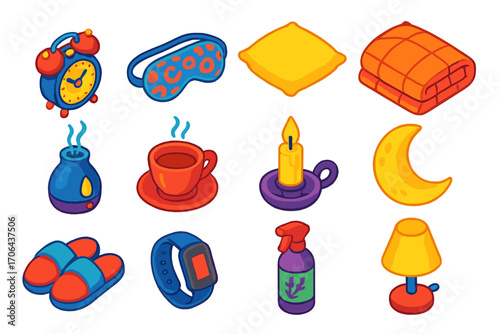 Sleep and Wellness Icons. Isometric vector illustration set sleep and wellness icons featuring alarm clock and night mask: antique