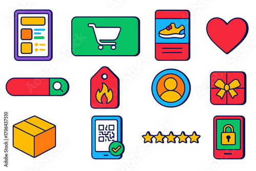 E-Commerce Icon Set. Isometric vector illustration set e-commerce and user interface design: product listing page, buy button, new