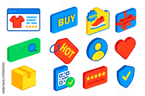 E-Commerce Icon Set. Isometric vector illustration set e-commerce and user interface design: product listing page, buy button, new
