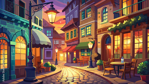Charming cobblestone street lined with vintage lanterns and cozy cafés, warm evening glow creating a romantic, timeless atmosphere.