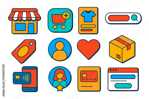 E-commerce UI Icons. Isometric vector illustration set e-commerce and user interface design: virtual shop facade, add to cart