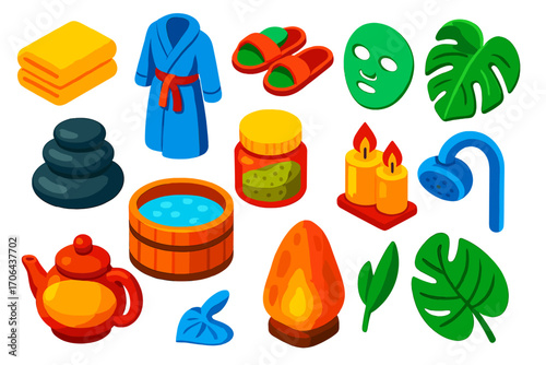 Spa Essentials Icons. Isometric vector illustration set Spa essentials: folded towels, bathrobe, slipper set, spa stones, body